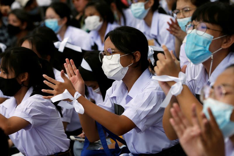 Anti-government protesters and students attend a demonstration in Bangkok