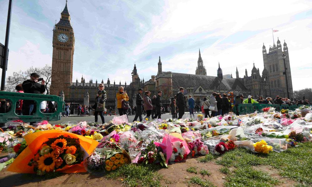 The floral tributes placed in Parliament Square, following the attack in Westminster.