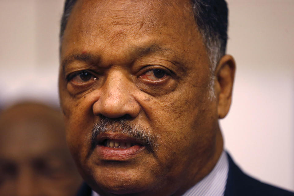 FILE - In this Rev. Jesse Jackson addresses media regarding the Progressive National Baptist Convention voter engagement campaign, at their meeting in New Orleans. Jackson delivered the eulogy Saturday, Dec. 1, 2018, for an African-American man shot to death by a police officer following a shooting at a crowded Alabama shopping mall. Jackson said the Hoover police officer who shot Emantic "EJ" Fitzgerald Bradford Jr., 21, "must face justice" and urged authorities to release tapes of the shooting. "No one is above the law," Jackson said. (AP Photo/Gerald Herbert, File)