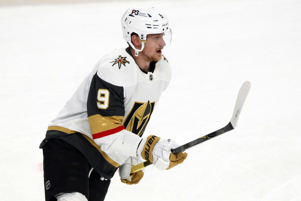 Vegas Golden Knights center Jack Eichel (9) warms up prior an NHL hockey game against the Buffalo Sabres, Thursday, March 10, 2022, in Buffalo, N.Y. (AP Photo/Jeffrey T. Barnes)
