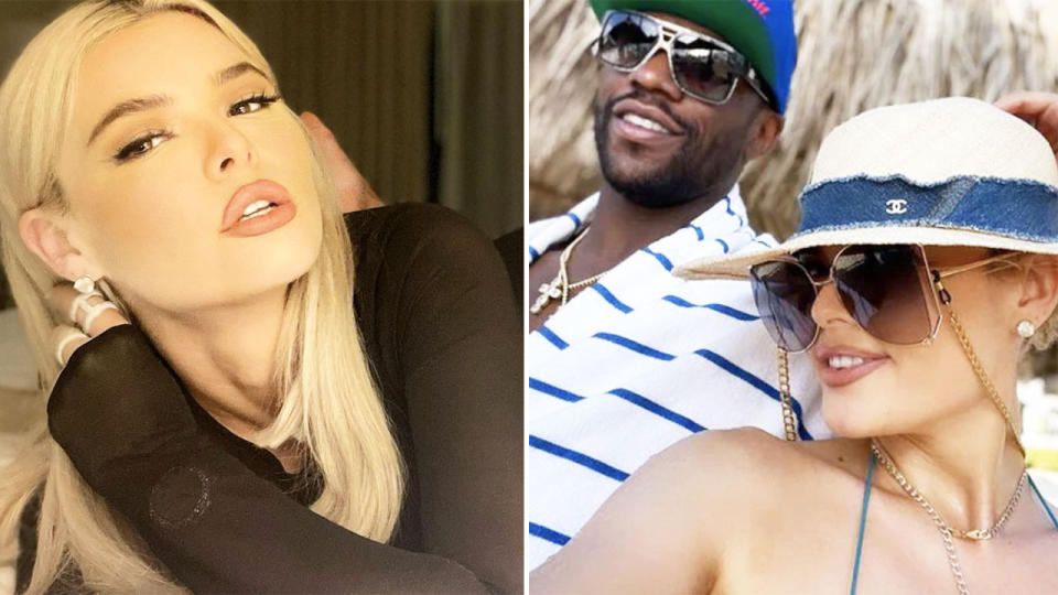 Floyd Mayweather (pictured right) with his fiancee Anna Monroe and the Instagram influencer (pictured left) posing.