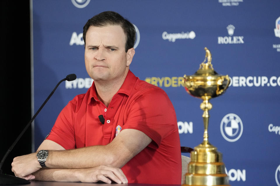 United States Captain Zach Johnson attends a press conference on the occasion of The Year to Go event in Rome, Tuesday, Oct. 4, 2022. The Marco Simone course of Guidonia Montecelio, near Rome, will host the 2023 Ryder Cup. (AP Photo/Alessandra Tarantino)