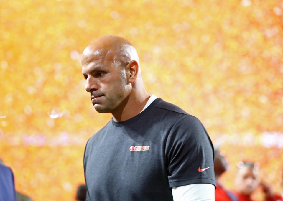 San Francisco 49ers defensive coordinator Robert Saleh reacts as he walks off the field after losing Super Bowl LIV to the Kansas City Chiefs on Feb. 2, 2020 in Miami Gardens, Fla.