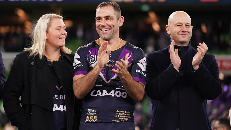 Cameron Smith, pictured here with wife Barbara and Todd Greenberg in 2019.