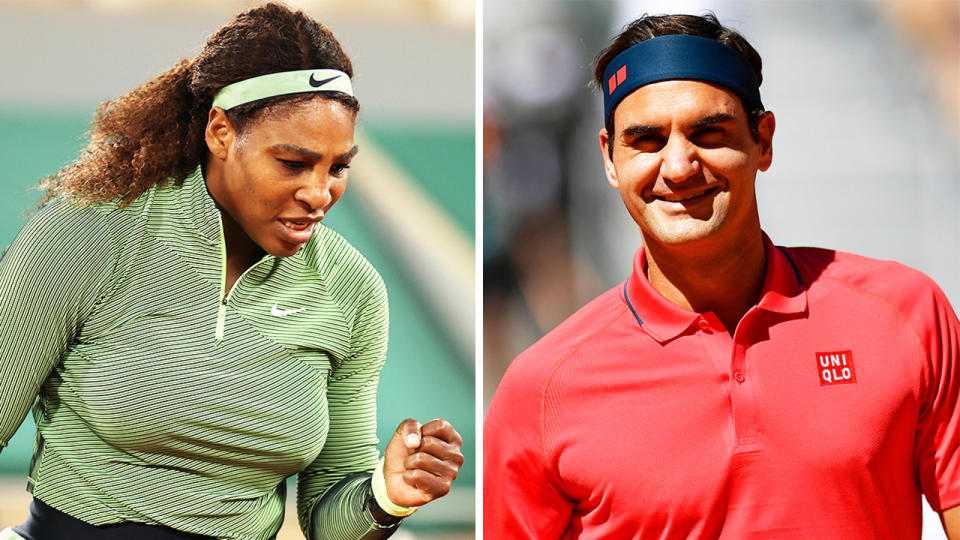 Serena Williams (pictured left) fist-pumping during her match and Roger Federer (pictured right)smiling after a win.