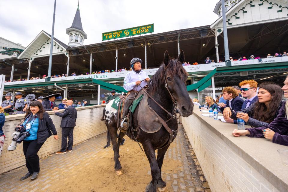 Monnie Goetz rides her 2,100-pound Appaloosa "pony"  Harley. The pair work at Churchill Downs escorting racehorses to their practices and starting gates.