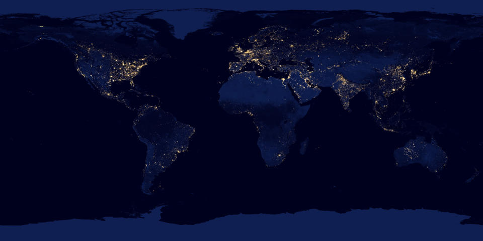 This new image of the Earth at night is a composite assembled from data acquired by the Suomi National Polar-orbiting Partnership (Suomi NPP) satellite over nine days in April 2012 and thirteen days in October 2012. It took 312 orbits and 2.5 terabytes of data to get a clear shot of every parcel of Earth’s land surface and islands. (NASA)