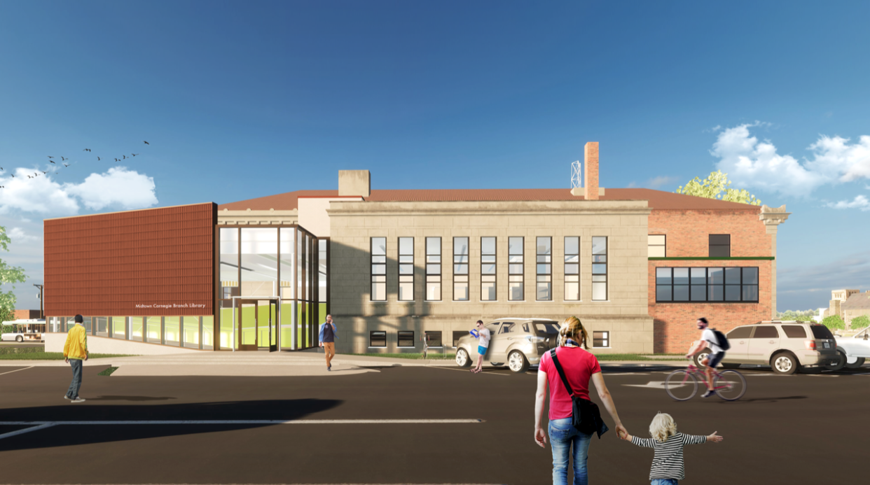 A conceptual rendering showing the view from the parking lot for the proposed entrance addition for the Midtown Carnegie Branch Library.