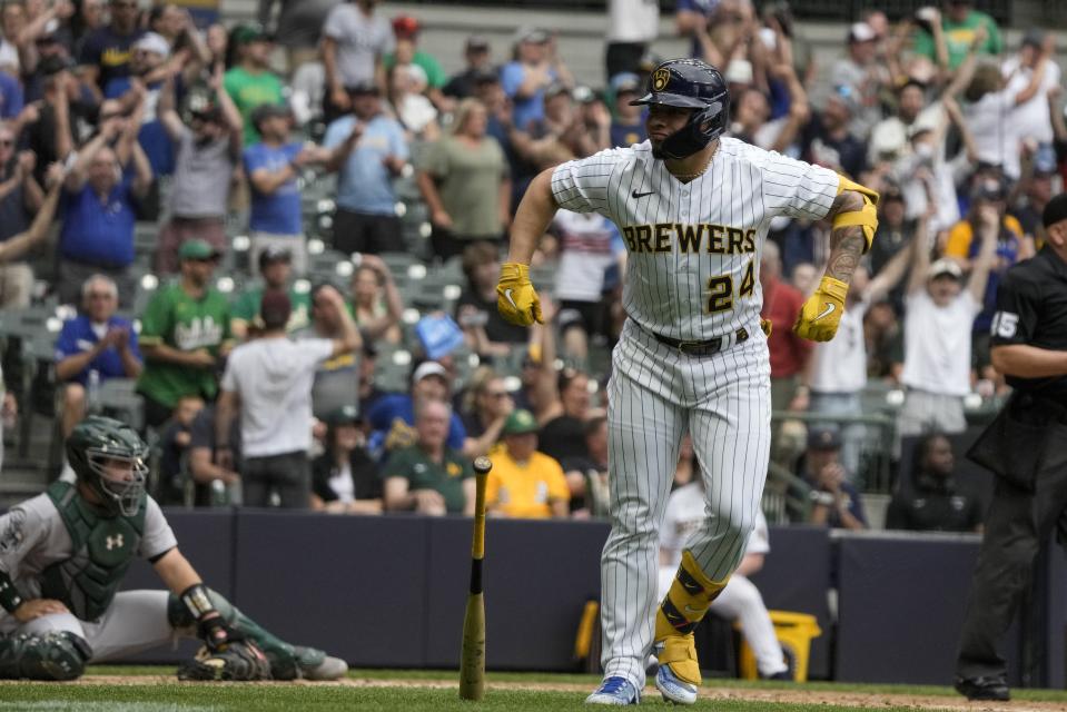 Milwaukee Brewers' William Contreras reacts after hiting a home run during the eighth inning of a baseball game against the Oakland Athletics Saturday, June 10, 2023, in Milwaukee. (AP Photo/Morry Gash)