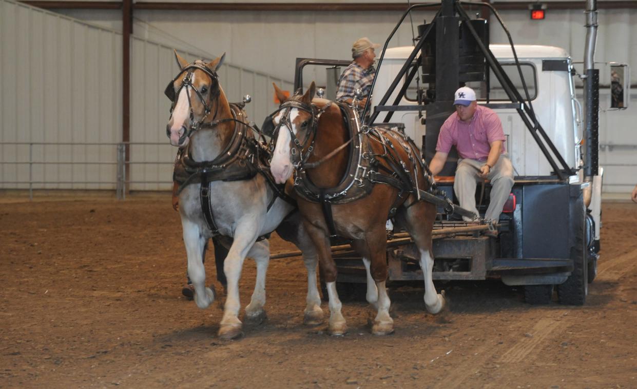 Chris Hatfield of Cromwell, Ky., drives his horse team as they pull 3,600 pounds in the lightweight class horse pulling competition in a previous year at the Glenn Stock Arena. The fair board is planning roof work on the arena this year.