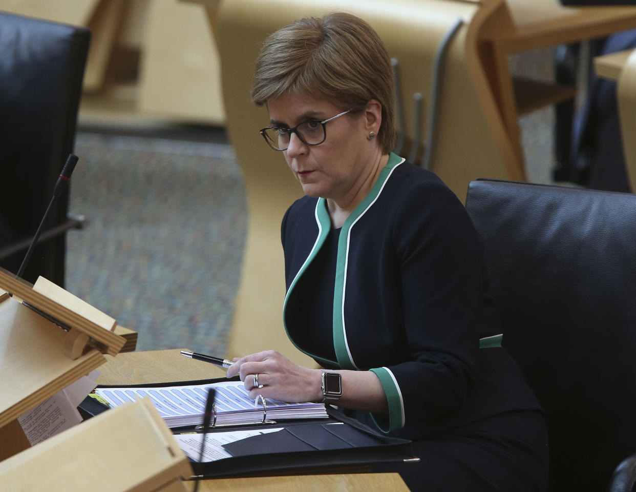 EDINBURGH, SCOTLAND - APRIL 21: Nicola Sturgeon MSP First Minister of Scotland during a special coronavirus Covid-19 social distancing First Ministers Questions at the Scottish Parliament Holyrood on April 21, 2020 in Edinburgh, United Kingdom. The British government has extended the lockdown restrictions first introduced on March 23 that are meant to slow the spread of COVID-19. (Photo by Fraser Bremner - Pool/Getty Images)