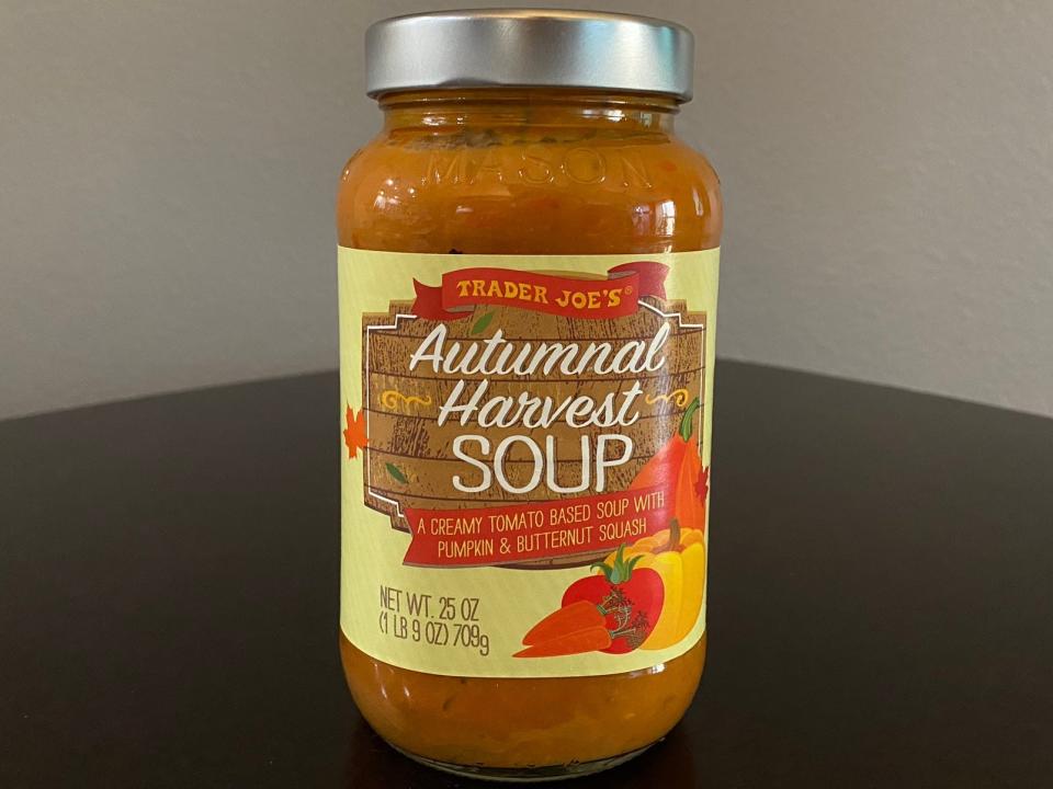 Trader Joe's autumnal harvest soup in jar on table