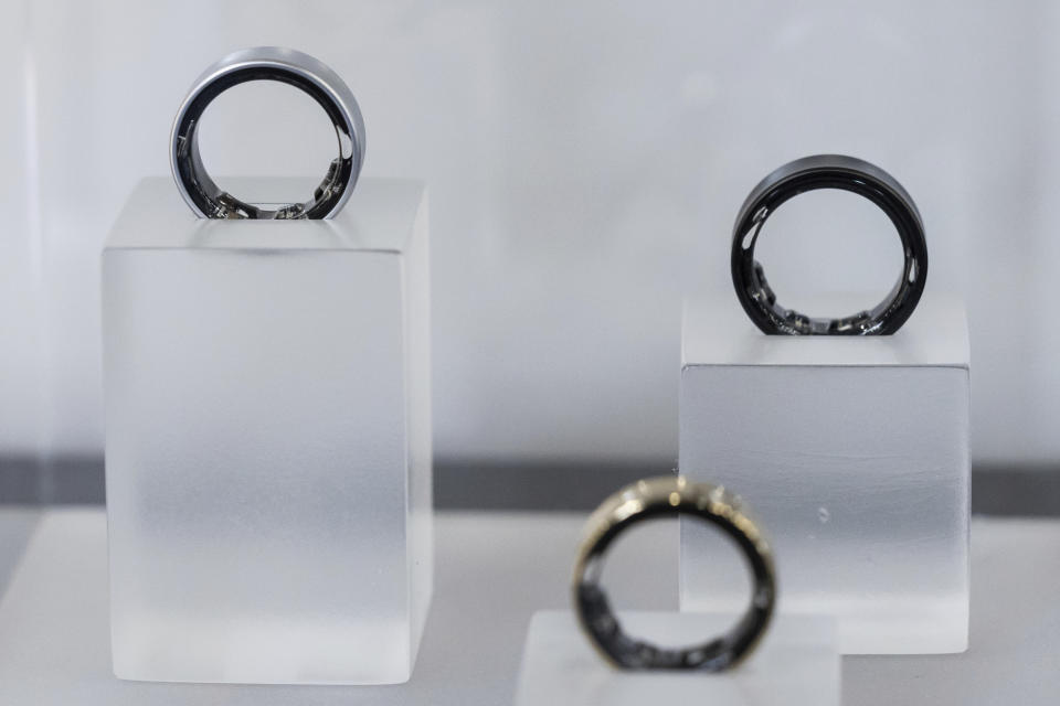 Samsung Galaxy Rings are displayed during a media preview at Samsung Galaxy Experience space, Tuesday, July 9, 2024, in New York. Samsung is dressing up its wearable devices in technology's latest fashion — artificial intelligence. (AP Photo/Yuki Iwamura)