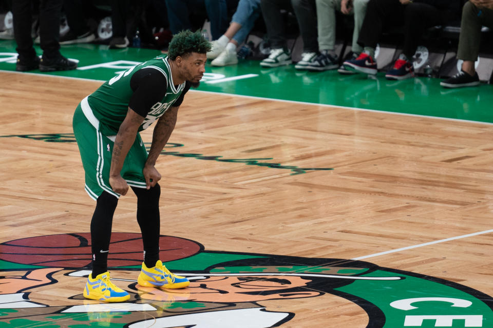 BOSTON, MA - MAY 29: Marcus Smart #36 of the Boston Celtics stares downcourt during game 7 of the NBA Eastern Conference Finals on May 29, 2023, at TD Garden in Boston, MA. (Photo by Stephen Nadler/PxImages/Icon Sportswire via Getty Images)