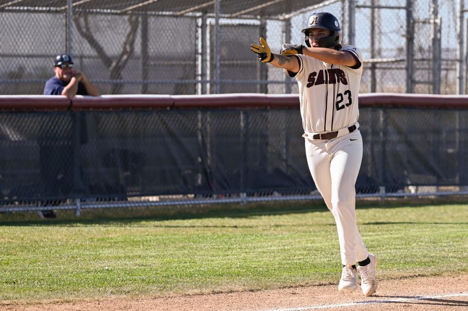 Adelanto’s Chris Espinoza celebrates after hitting a single home run during the third inning against Silverado on Thursday, April 11, 2024 in Adelanto. Adelanto defeated Silverado 5-3.