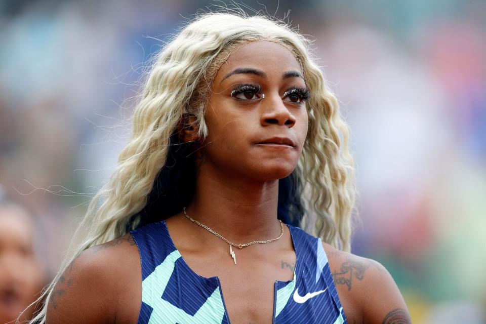 EUGENE, OREGON - AUGUST 21: Sha'Carri Richardson reacts after finishing last in the 100m race during the Wanda Diamond League Prefontaine Classic at Hayward Field on August 21, 2021 in Eugene, Oregon. (Photo by Jonathan Ferrey/Getty Images)