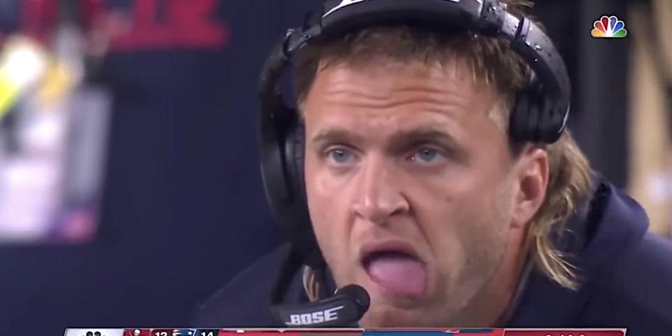 Screenshot shows Steve Belichick sticks his tongue out of his mouth during the Patriots-Buccaneers game.