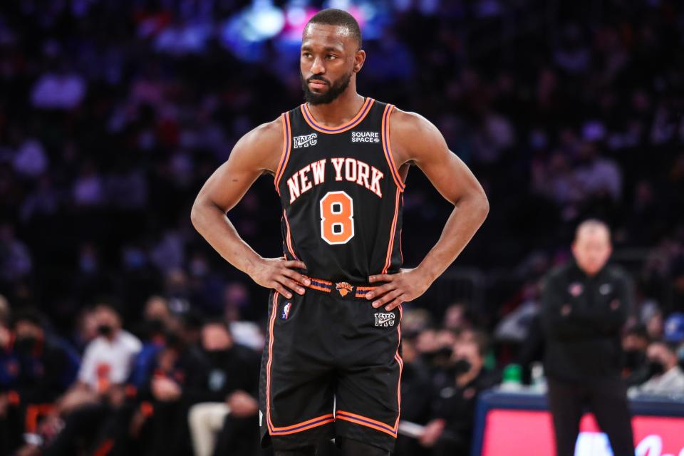 Kemba Walker looks on at Madison Square Garden while playing for the New York Knicks on Dec. 24, 2021.