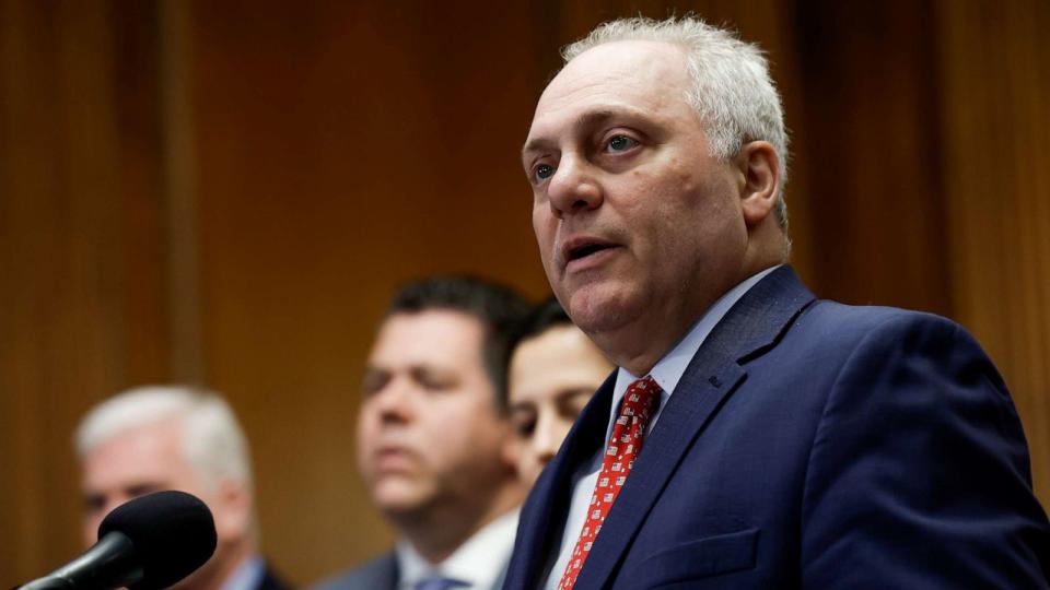 PHOTO: U.S. House Majority Leader Rep. Steve Scalise speaks to reporters during a news conference after the passage of the National Defense Authorization Act (NDAA) at the U.S. Capitol Building, July 14, 2023, in Washington. (Anna Moneymaker/Getty Images)