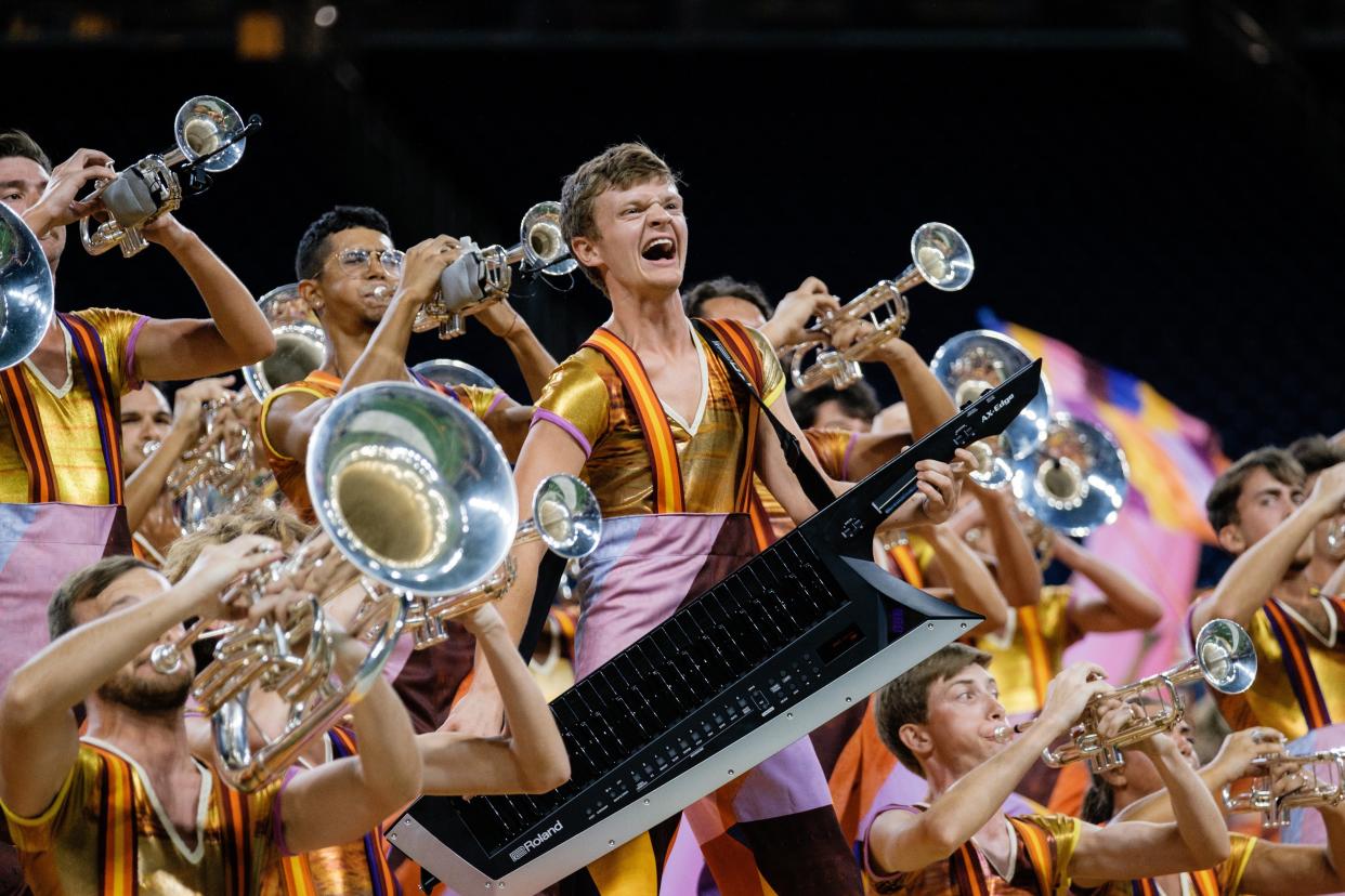 The Canton Bluecoats opened the competitive season this week with a win at the Drum Corps International Premiere Tour in Detroit. This year's show Riffs and Revelations features a keytar, a keyboard synthesizer worn like a guitar.