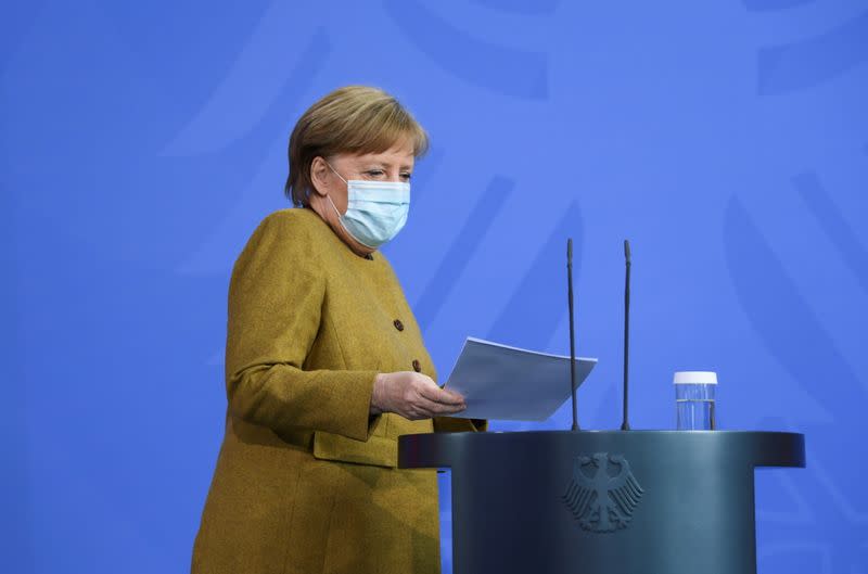 German Chancellor Angela Merkel gives a statement, in Berlin