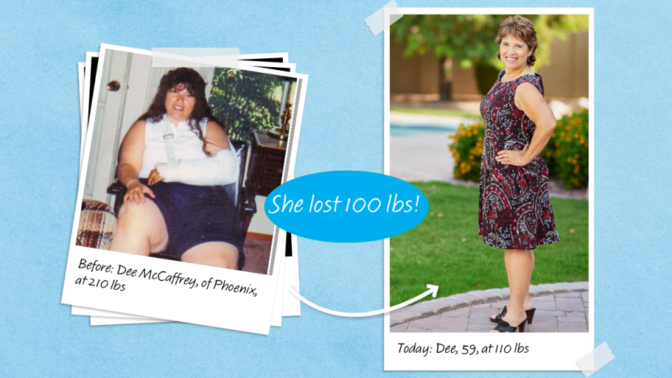 before and after of Dee McCaffrey, who lost 100 lbs: Dr. Barnard alkaline diet