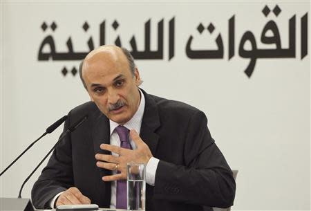 Samir Geagea, leader of the Christian Lebanese Forces, speaks during a news conference at his house in Maarab village, north of Beirut, in this October 12, 2010 file photo. REUTERS/Mohamed Azakir/Files