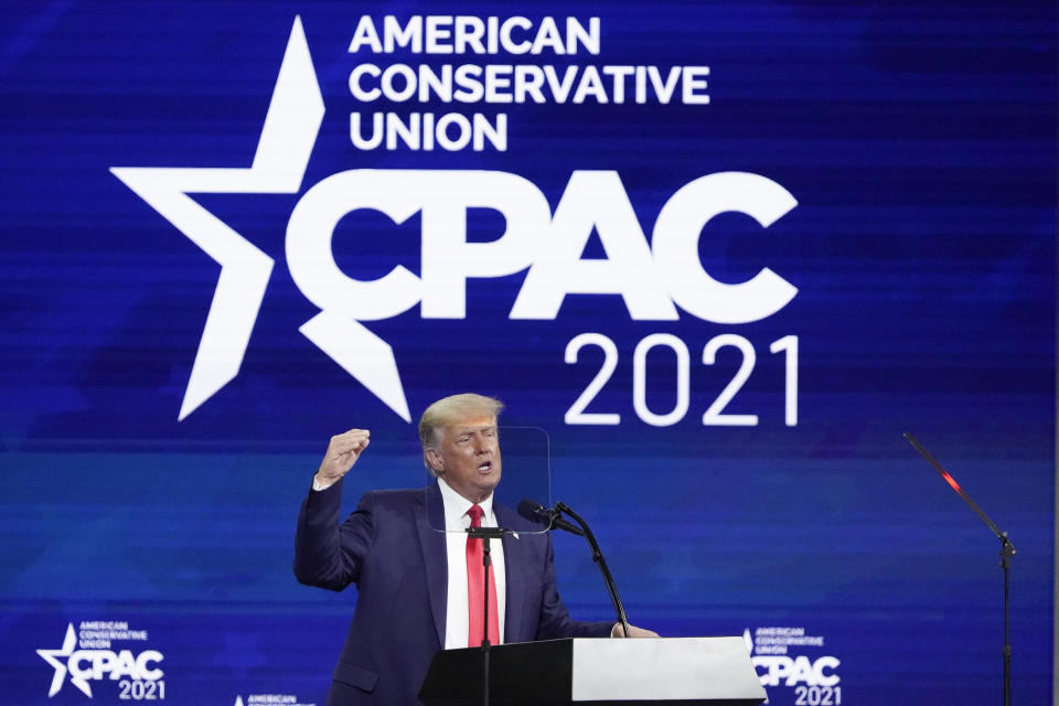 Former president Donald Trump speaks at the Conservative Political Action Conference (CPAC) Sunday, Feb. 28, 2021, in Orlando, Fla. (AP Photo/John Raoux)