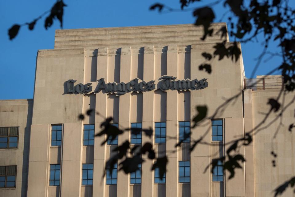 The former LA Times building in Downtown Los Angeles in 2018, before new owner Patrick Soon-Shiong moved the paper to El Segundo. (David McNew/Getty Images)