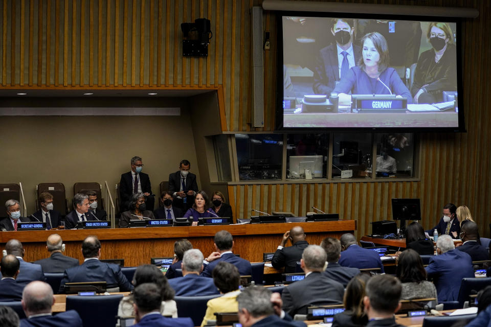 German Foreign Minister Annalena Baerbock speaks as U.S. Secretary of State Antony Blinken chairs a ministerial meeting on growing food insecurity around the world, which has been exacerbated by Russia's war on Ukraine, Wednesday, May 18, 2022, at United Nations headquarters. (AP Photo/John Minchillo)