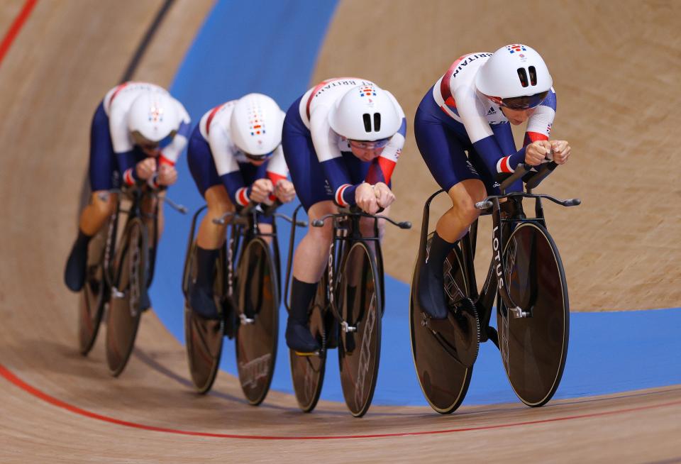 Laura Kenny and teammates during the women’s sprint (Getty Images)