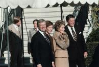 <p>President Carter and First Lady Rosalynn Carter greet President-elect Ronald Reagan and his wife, Nancy, at the diplomatic entrance of the White House on November 20, 1980.</p>