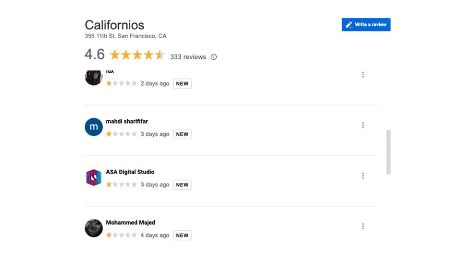 A few of the suspect reviews for Californios - Credit: Google