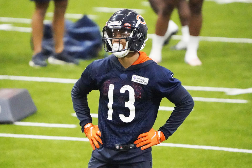 Jul 26, 2023; Lake Forest, IL, USA; Chicago Bears wide receiver Tyler Scott (13) warms up during training camp at Halas Hall. Mandatory Credit: David Banks-USA TODAY Sports ORG XMIT: IMAGN-713960 ORIG FILE ID: 20230726_szo_bb6_0024 .JPG