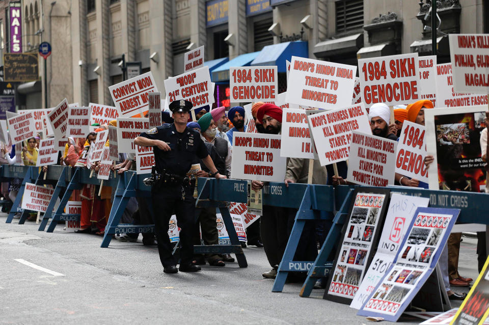 Protestors stage a demonstration against Indian Prime Minister Narendra Modi across the street from Madison Square Garden, where Modi spoke to a crowd from the Indian-American community, Sept. 28, 2014, in New York.<span class="copyright">Julie Jacobson—AP</span>