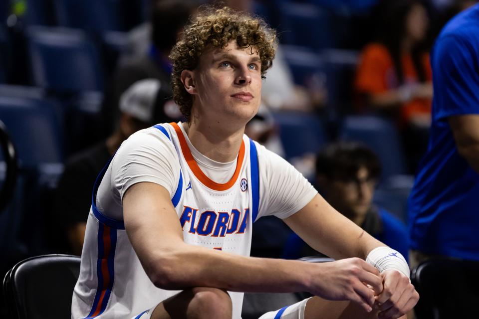 Jan 13, 2024; Gainesville, Florida, USA; Florida Gators center Micah Handlogten (3) looks on against the Arkansas Razorbacks during the first half at Exactech Arena at the Stephen C. O'Connell Center. Mandatory Credit: Matt Pendleton-USA TODAY Sports