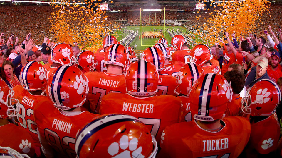 Clemson football players, pictured here before a game.