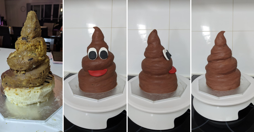 during and after pictures of a home made 'poop cake' using Woolworths mud cakes