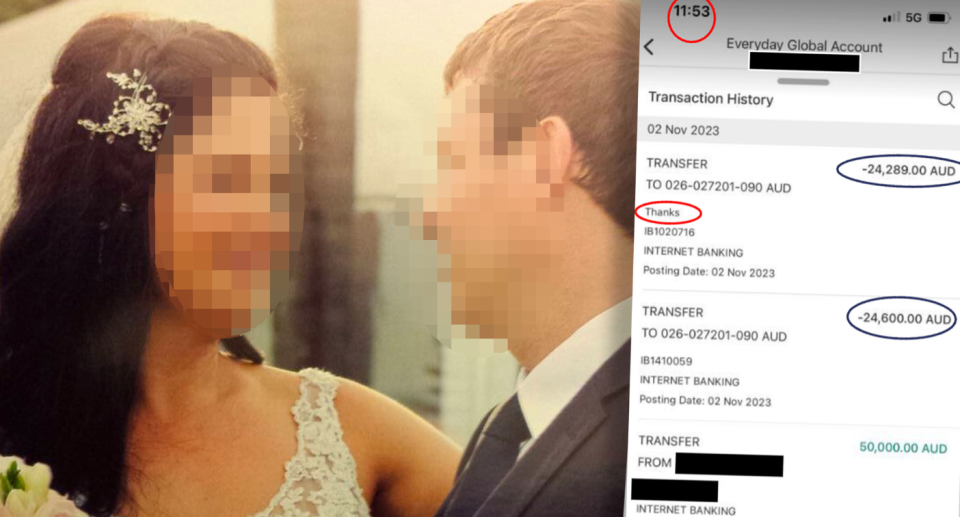 Image of couple Jo and Rohan with faces blurred and the scam transactions in HSBC account.