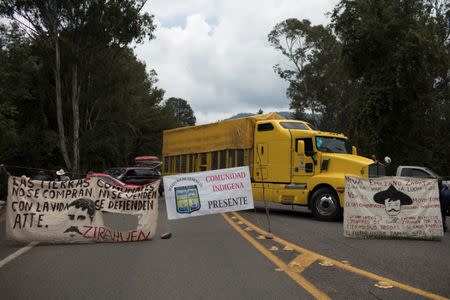 Members of the Supreme Indigenous Council block the entry to their community to avoid the installation of polling stations for Mexico's general election in the indigenous Purepecha town of Zirahuen, in Michoacan state, Mexico June 28, 2018. Picture taken June 28, 2018. REUTERS/Alan Ortega