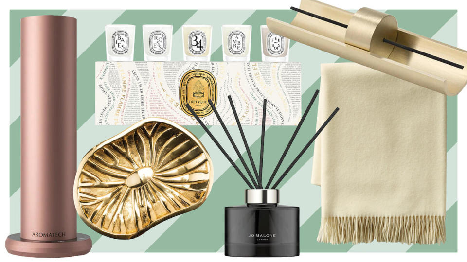 Aromini BT diffuser in Rose Gold by AromaTech; Victoria etched dish by Modern Matter; Set of 5 Mini Signature candles by Diptyque Paris; Velvet Rose & Oud diffuser by Jo Malone London; Circa brass incense set by Cinnamon Projects; European Solid Cashmere throw in ivory by Williams Sonoma Home