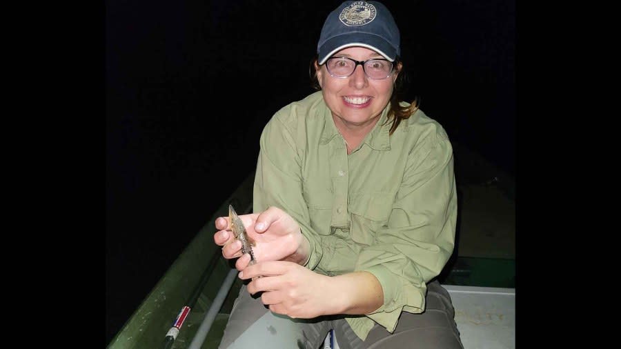 GRPM VP of science and education Stephanie Ogren, Ph.D., with the 4-month-old sturgeon researchers found in the Grand River on Sept. 8. (Courtesy Grand Rapids Public Museum)