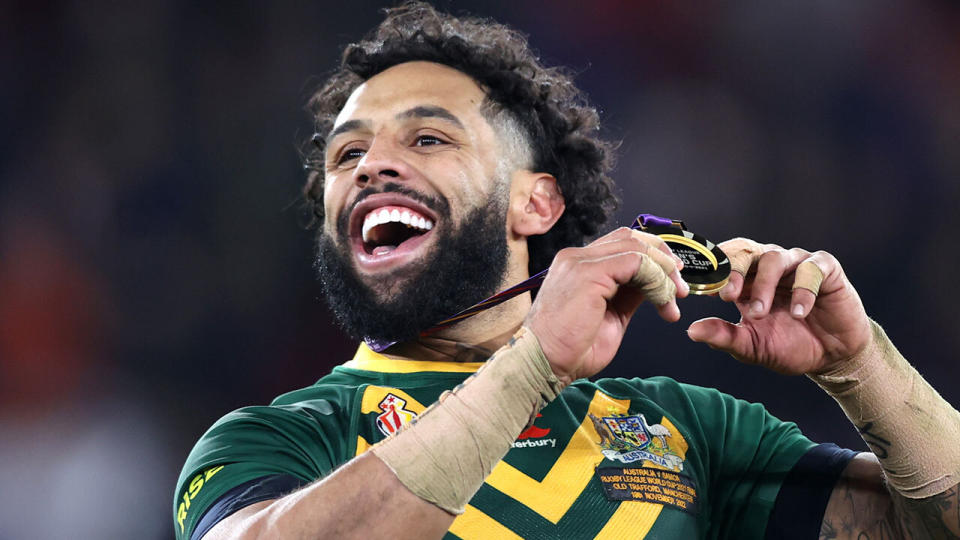 Josh Addo-Carr celebrates winning the World Cup.