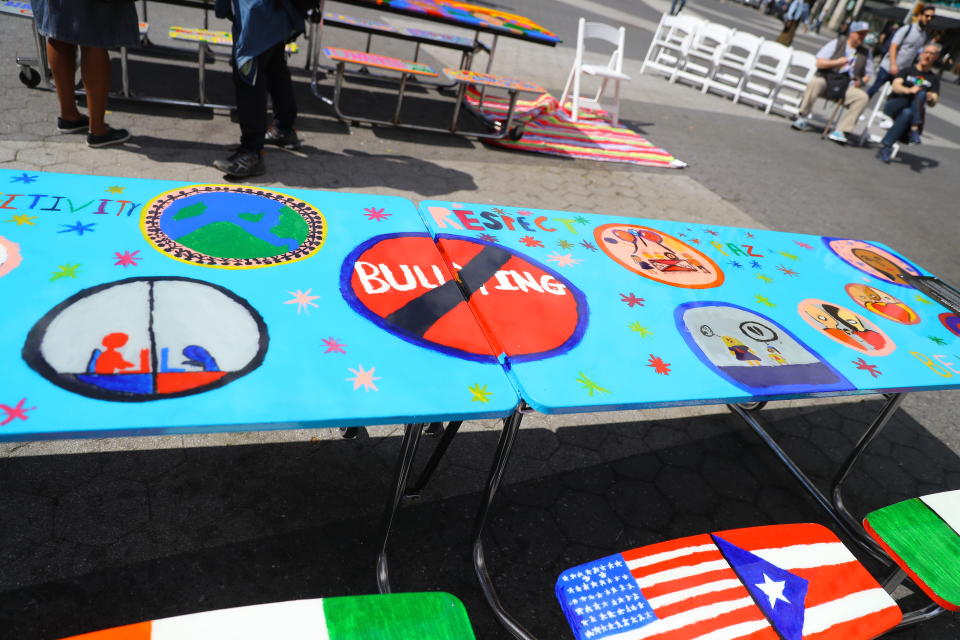 <p>The anti-bullying table art is on display as part of the LEAP Public Art Program’s citywide exhibition in New York City on June 5, 2018. (Photo: Gordon Donovan/Yahoo News) </p>