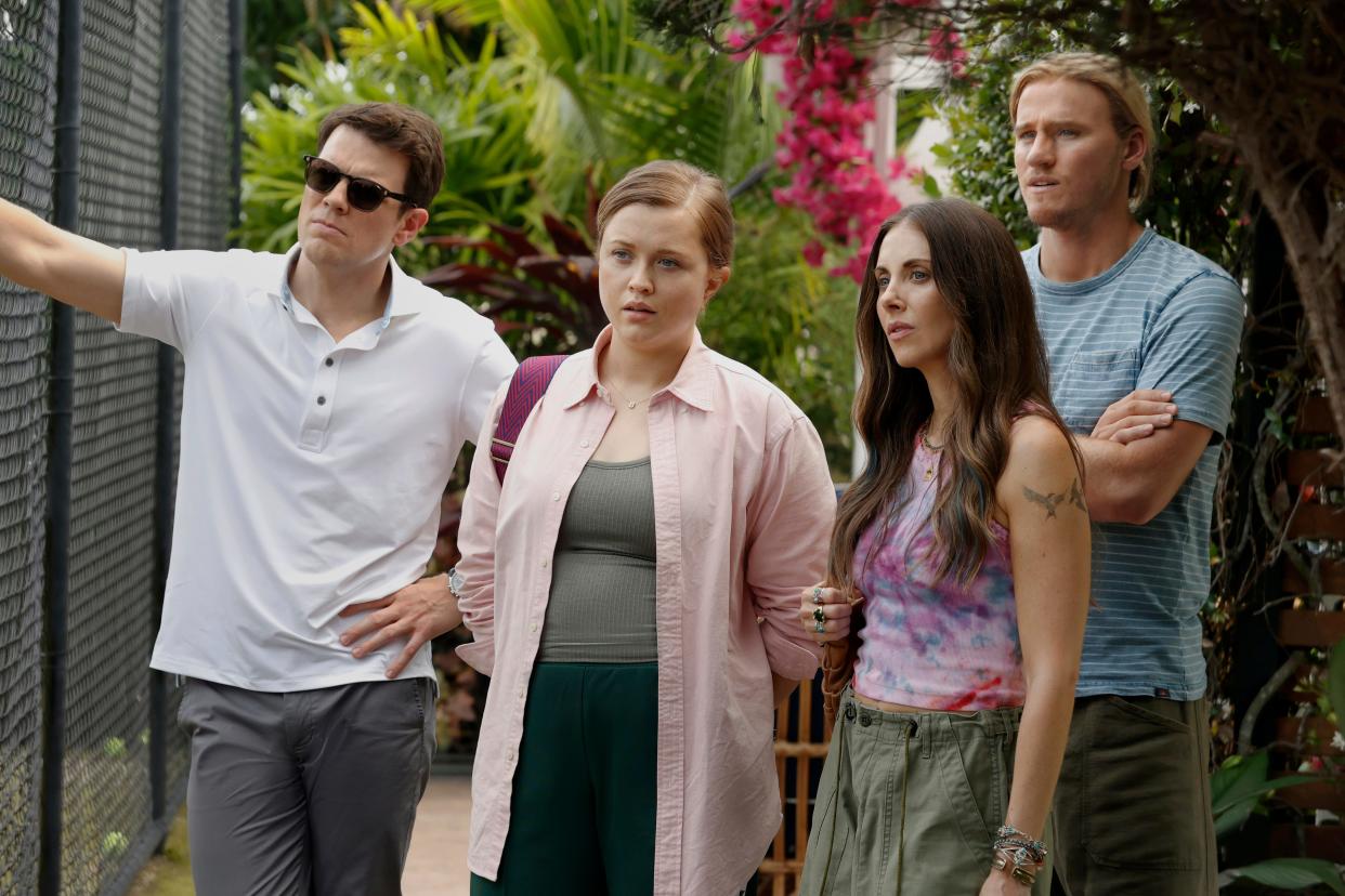 The "apples" in the new Peacock limited series "Apples Never Fall" are the four adult Delaney kids; from left, Jake Lacy as Troy Delaney, Essie Randles as Brooke Delaney, Alison Brie as Amy Delaney, Conor Merrigan Turner as Logan Delaney.