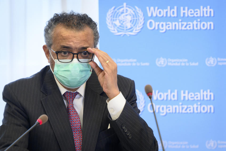 FILE - In this Monday, May 24, 2021 file photo, Tedros Adhanom Ghebreyesus, Director General of the World Health Organization (WHO), speaks during a bilateral meeting with Swiss Interior and Health Minister Alain Berset before signing a BioHub Initiative with a global COVID-19 Pathogen repository in Spiez laboratory on the sideline of the opening of the 74th World Health Assembly, WHA, at the WHO headquarters, in Geneva, Switzerland. The head of the World Health Organization said at a press briefing on Friday, July 2 the world is currently in “a very dangerous period” of the COVID-19 pandemic, noting the more contagious delta variant is identified in nearly 100 countries. (Laurent Gillieron/Keystone via AP, File)