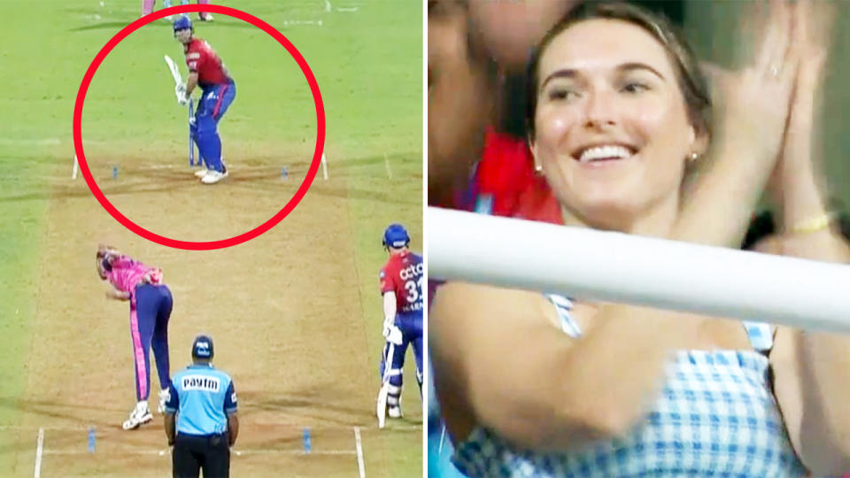 Mitch Marsh's fiancee, pictured here watching as he powered Delhi Capitals to victory.