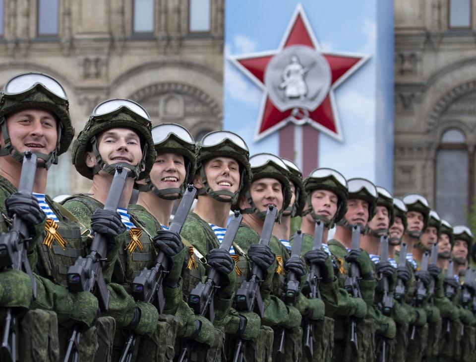 FILE - Russian troops march during the Victory Day military parade to celebrate 74 years since the victory in WWII in Red Square in Moscow, Russia, on May 9, 2019. Some in the West think Russian President Vladimir Putin may use the Victory Day on May 9 when Russia celebrates the defeat of Nazi Germany in World War II to officially declare that war is underway in Ukraine and announce a mobilization _ the claim rejected by the Kremlin. (AP Photo/Alexander Zemlianichenko, File)