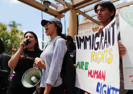 Protestors demonstrate against the termination of the Deferred Action for Childhood Arrivals (DACA) program outside the 9th Circuit Court of Appeals in Pasadena, California, U.S. May 15, 2018. REUTERS/Lucy Nicholson