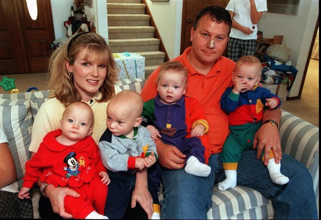 Sheila Bellush and Jamie Bellush hold their quadruplets at their home in San Antonio, Texas in 1996.